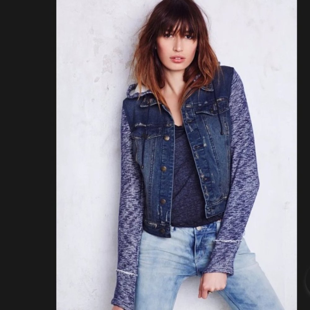 Free People Denim Hooded Jacket Cotton Knit Sleeves Size S